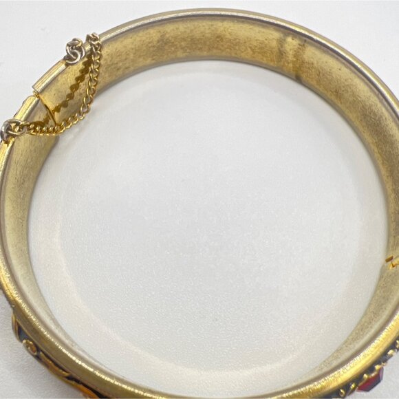 Vintage Spanish Damascene Bracelet Hinged Bangle Rhinestones Enamel Safety Chain - Picture 10 of 10
